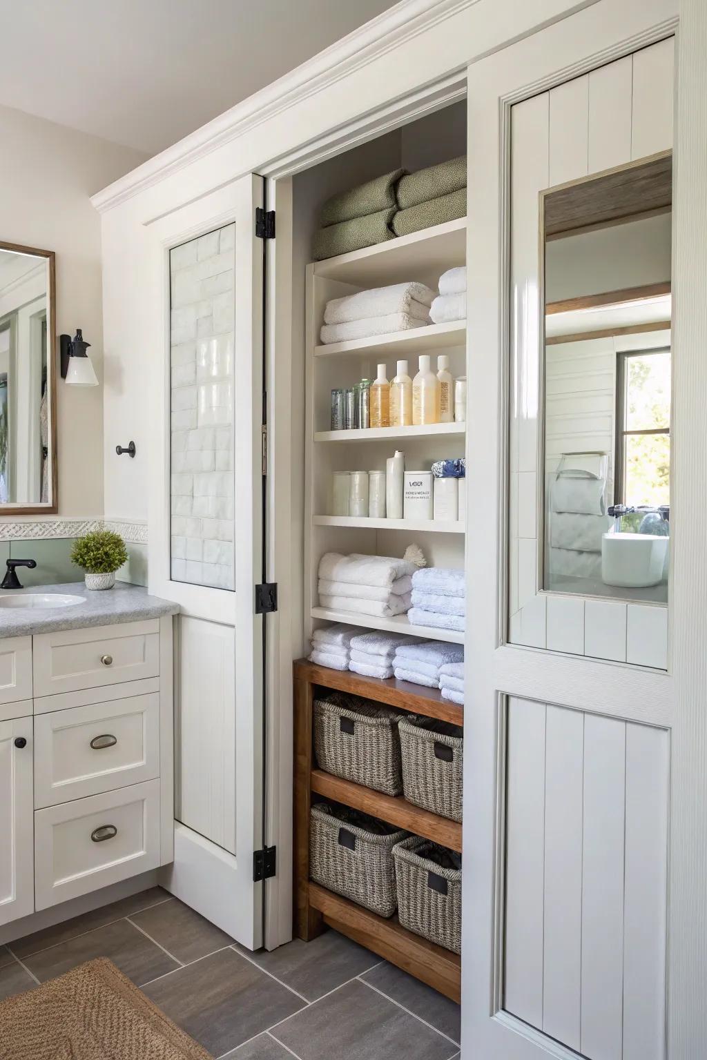 Built-in shelving introduces practical storage and neatness.