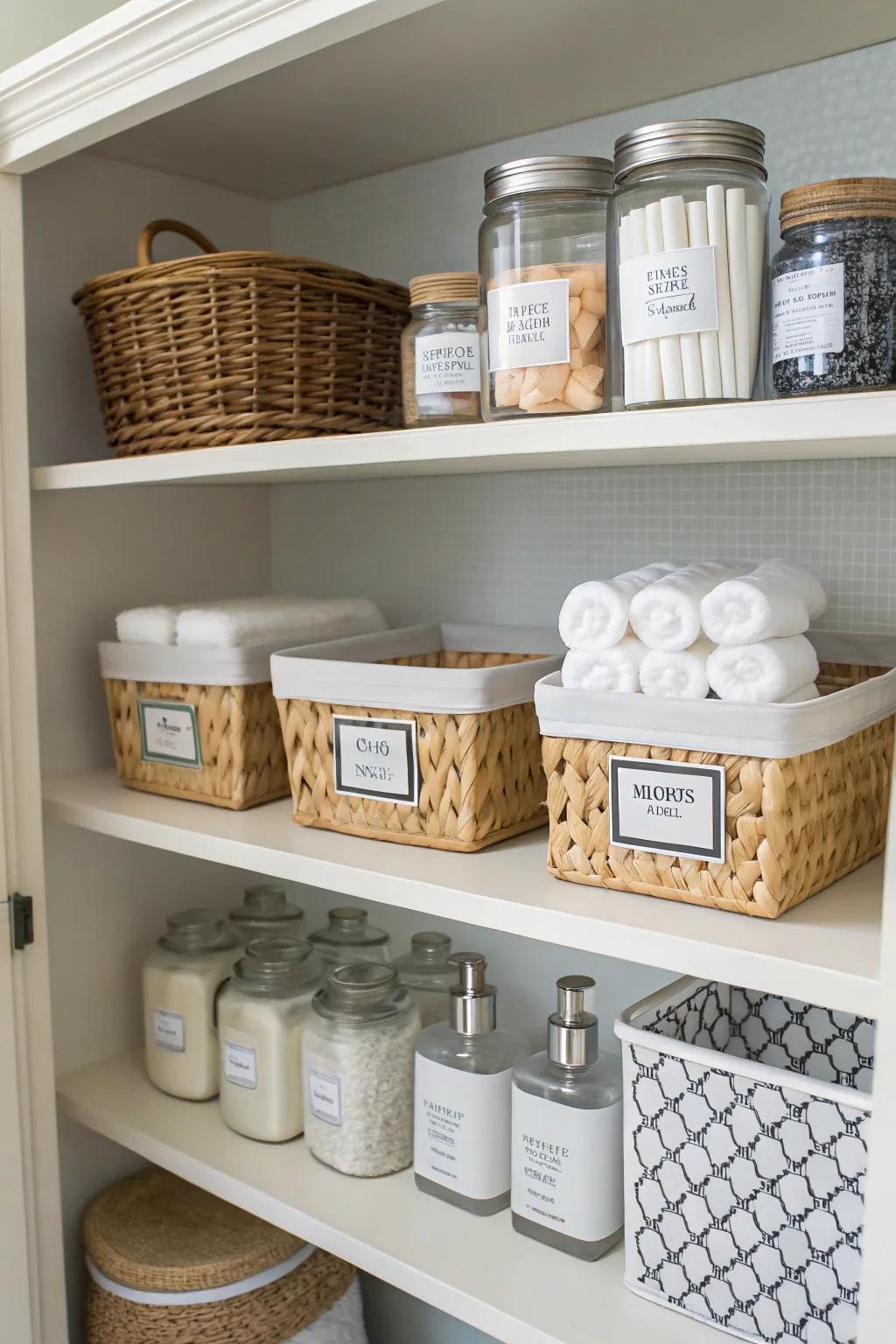 Tagged baskets and jars for simple and effective organizing.