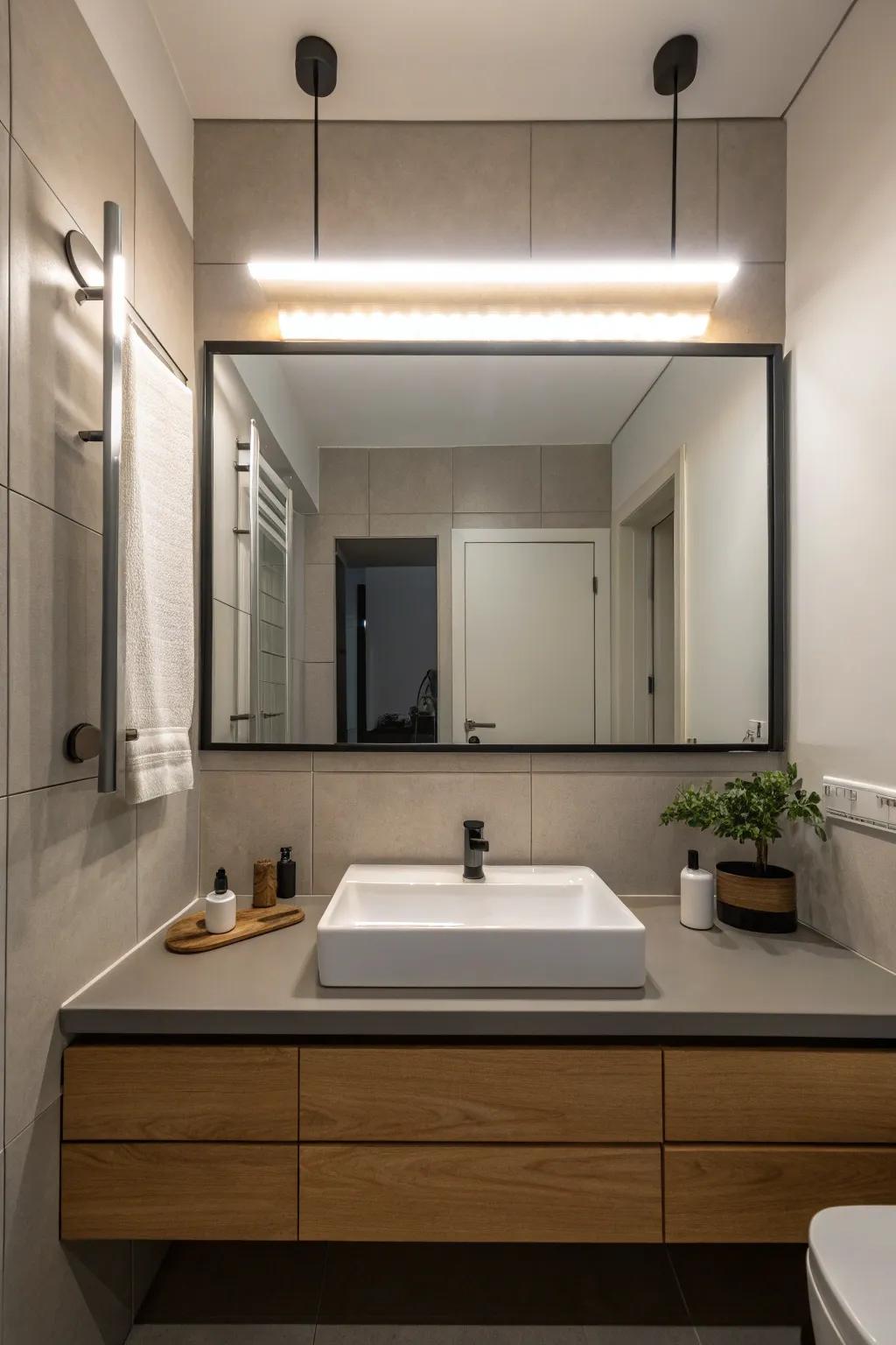 Horizontal lamps positioned above the mirror for a streamlined and current touch.