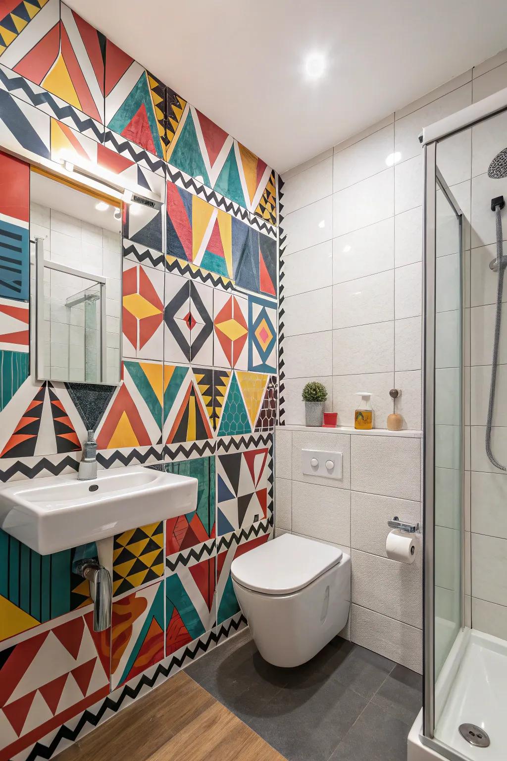A bathroom with captivating statement tiles that contribute a distinctive flair.