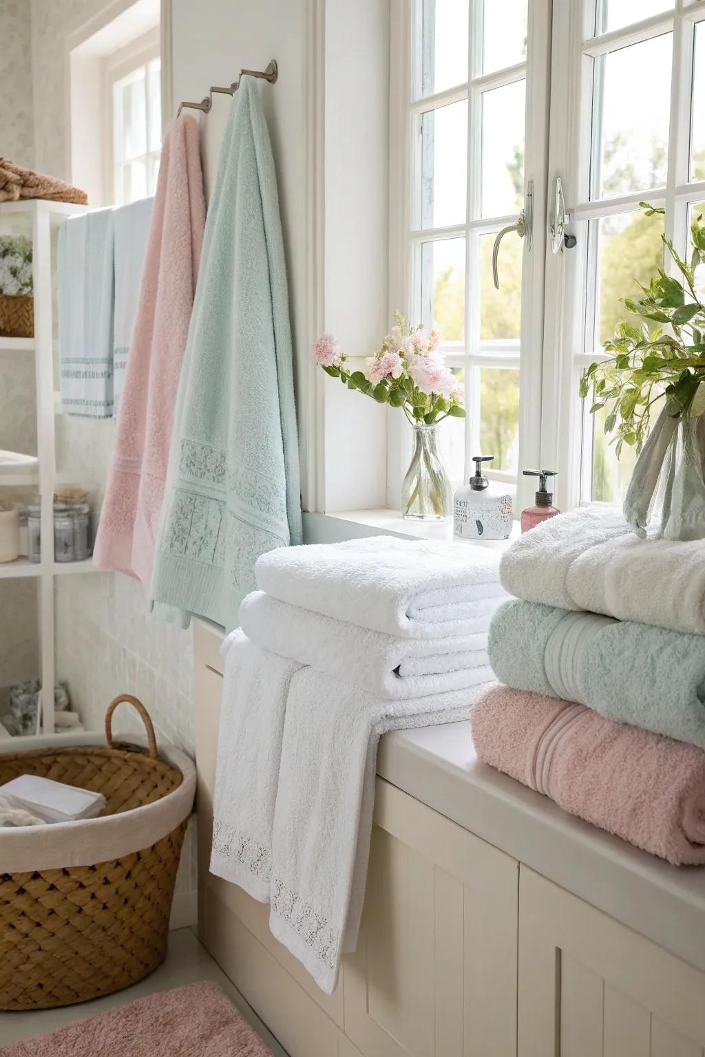 White and sweet tints cloths add a serene touch to your bathroom.
