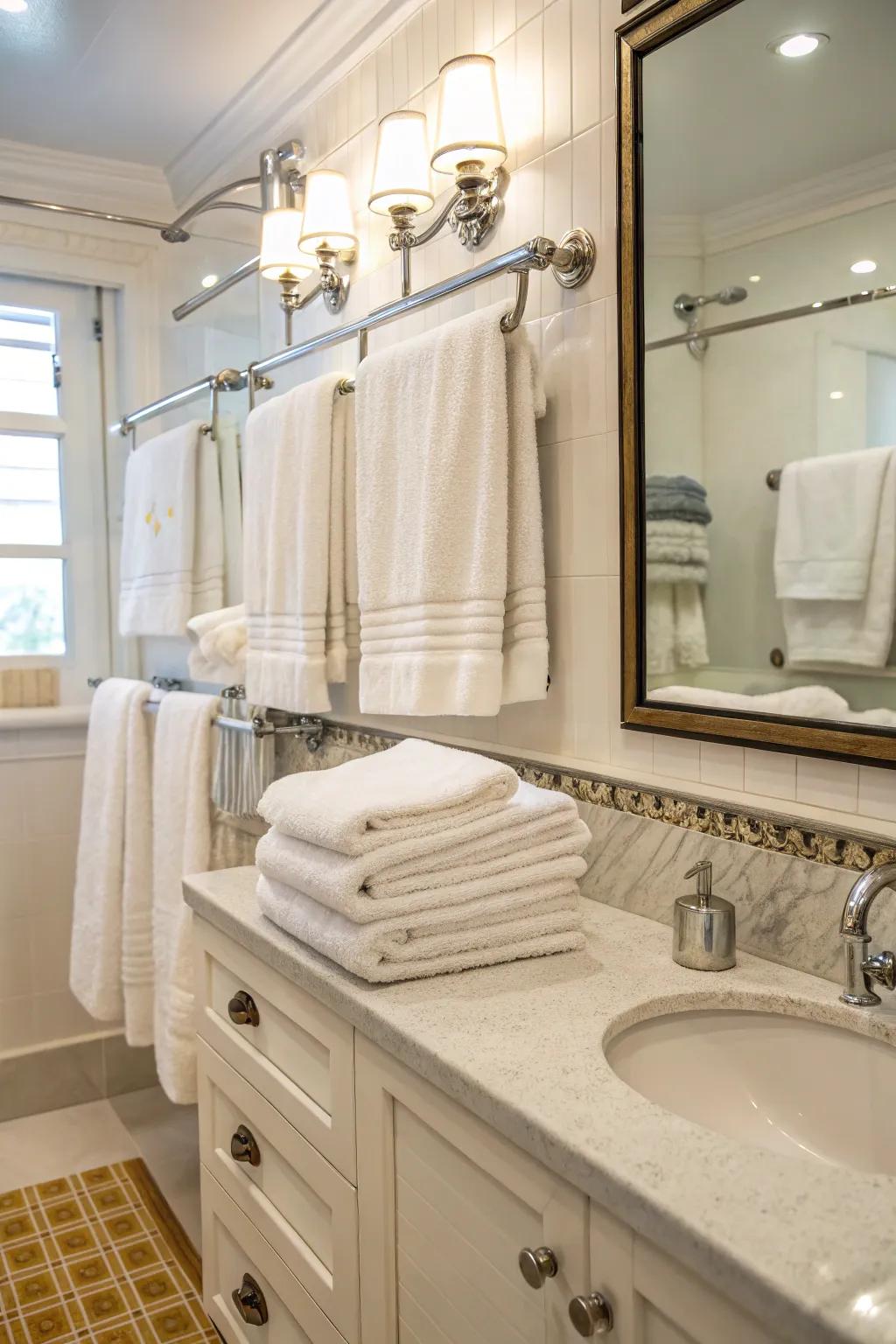 Display your towels in a neat way using racks and hooks.