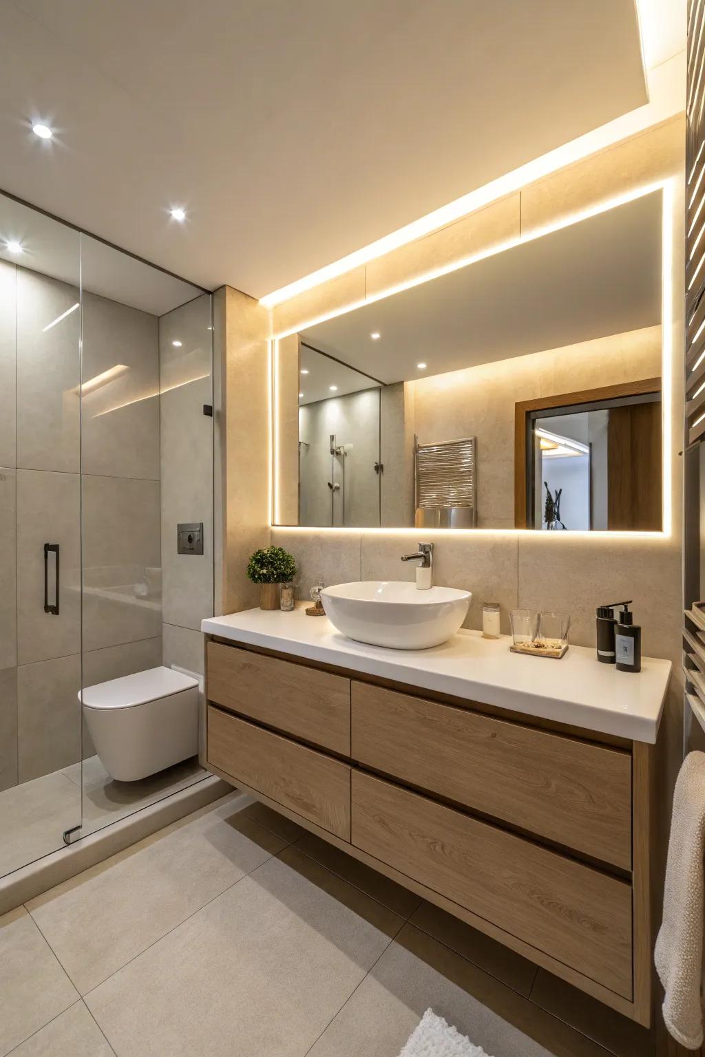 Integrated lighting in trim adds a contemporary and functional radiance.
