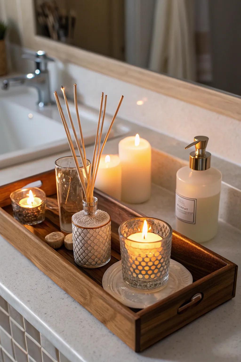 Wax melts and diffusers add a comforting mood to the bathroom.