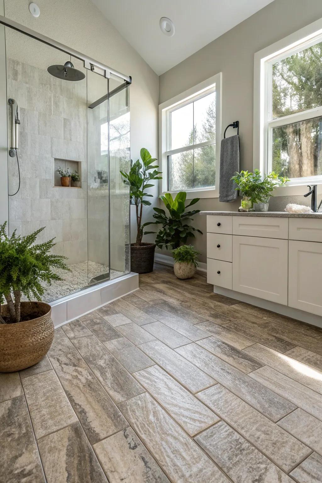 Stone-look floor covering adds an elegant touch to this modern bathroom.