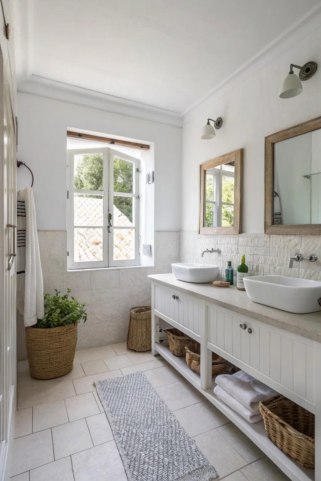 Ivory and subdued tones create a radiant and open bathroom area.