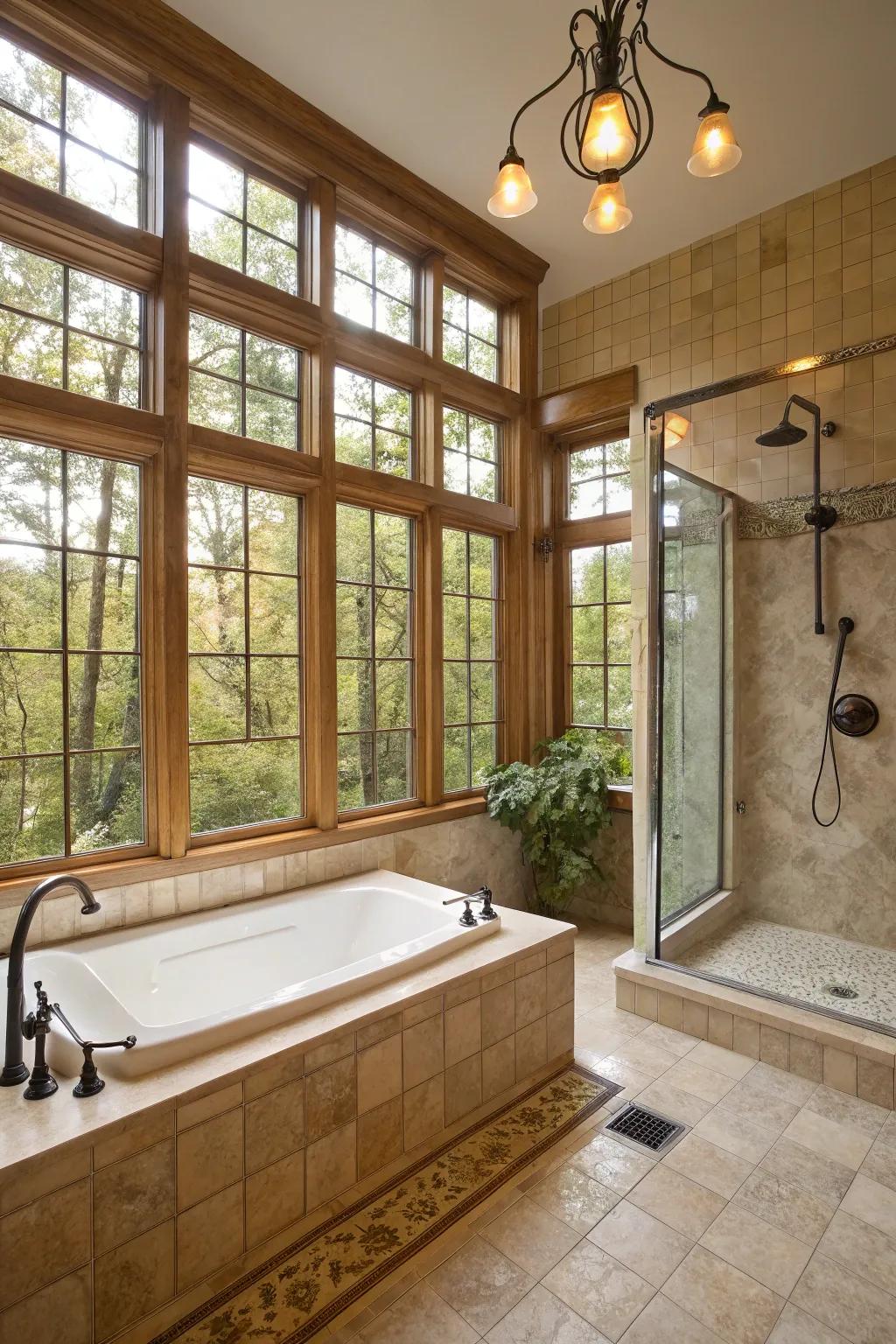Large windows optimizing the influx of natural light within a bathroom.