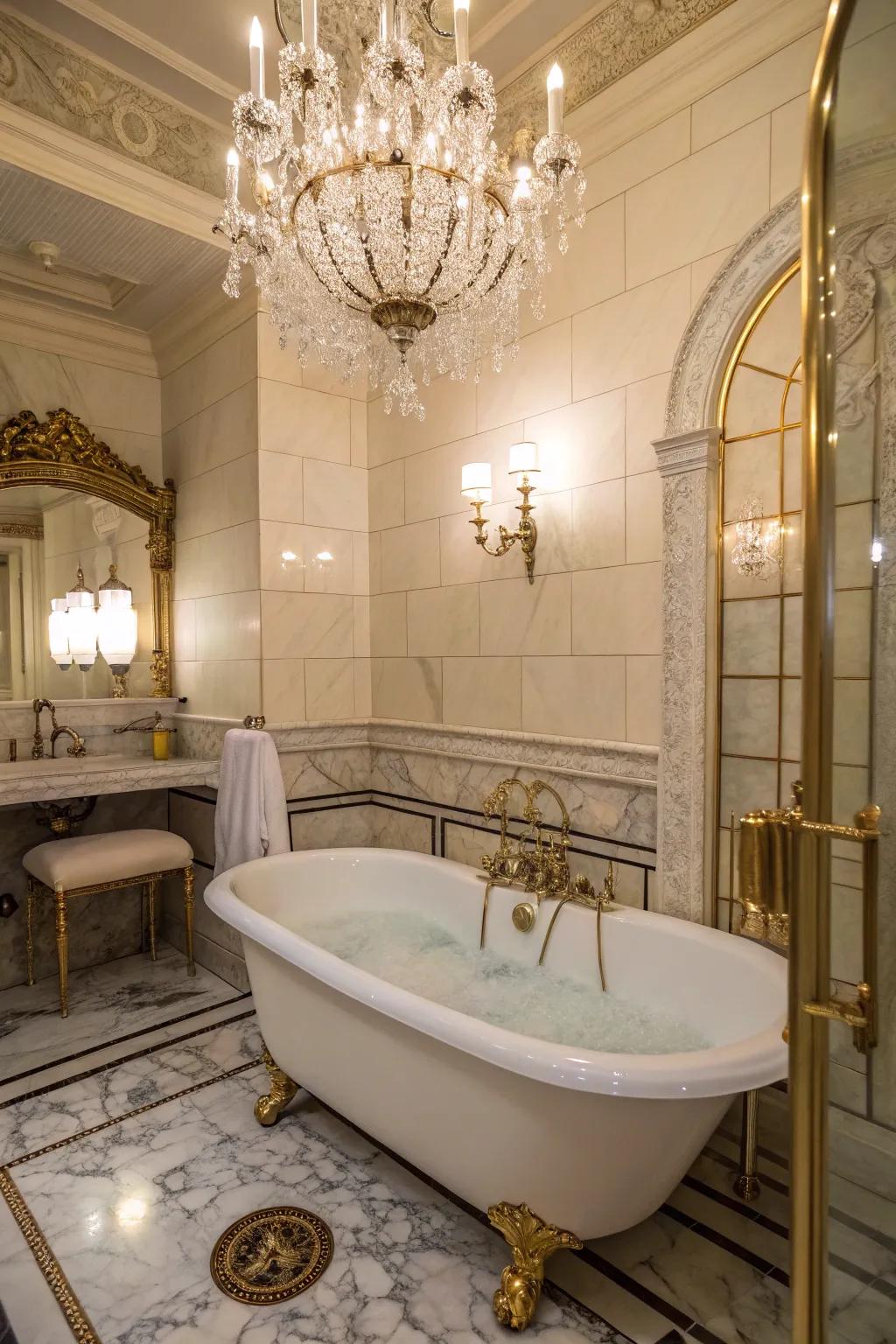 A sparkling light fixture suspended above the bathtub adds a glamorous touch to this bathroom.