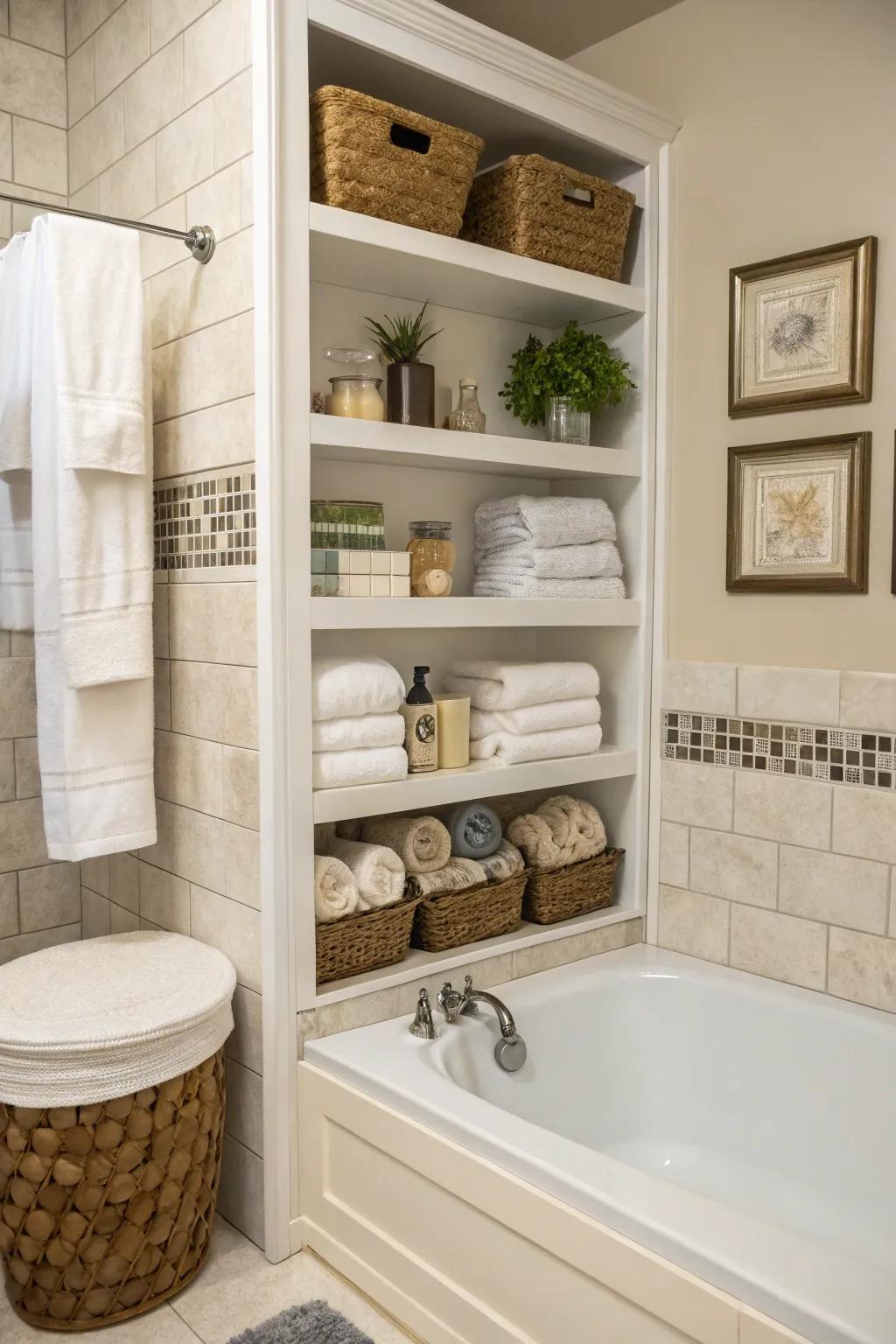 Practical storage near your bathtub keeps your space uncluttered and chic.