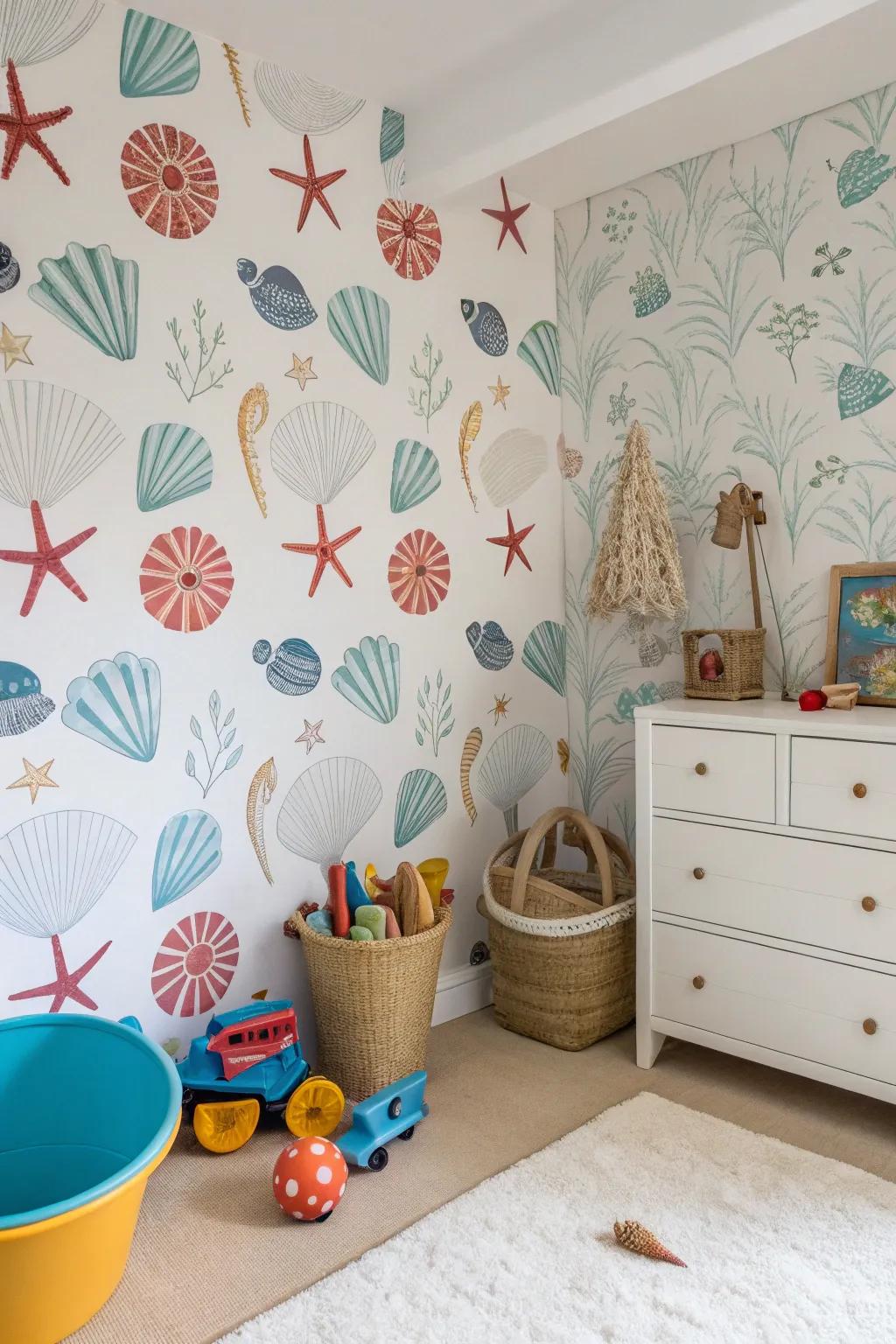 Blend fun and sophistication with sea life motif wallpaper.