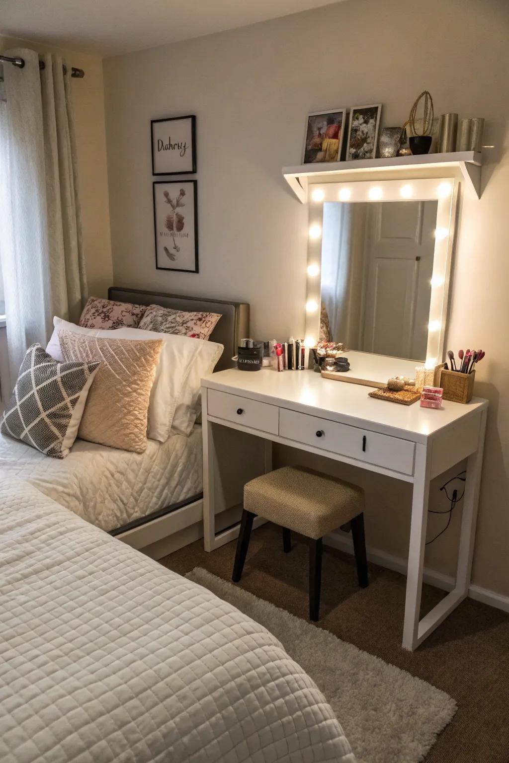A multi-use corner featuring a bed and workspace.