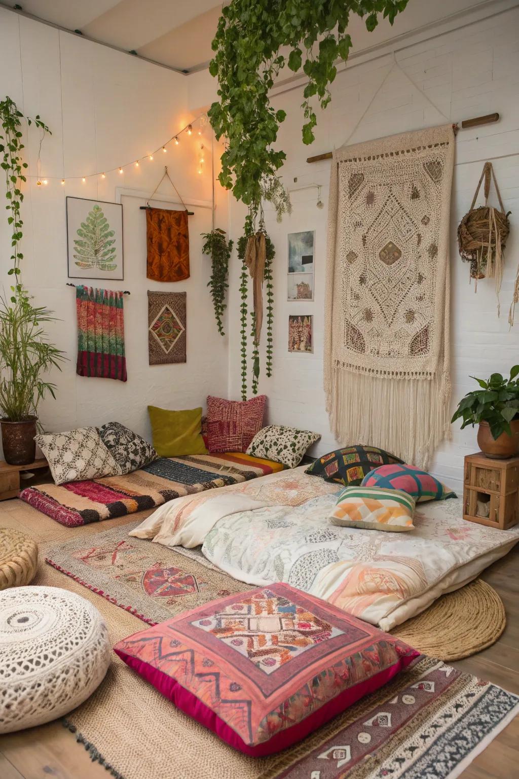 Embrace bohemian charm through a textured floor bed arrangement.