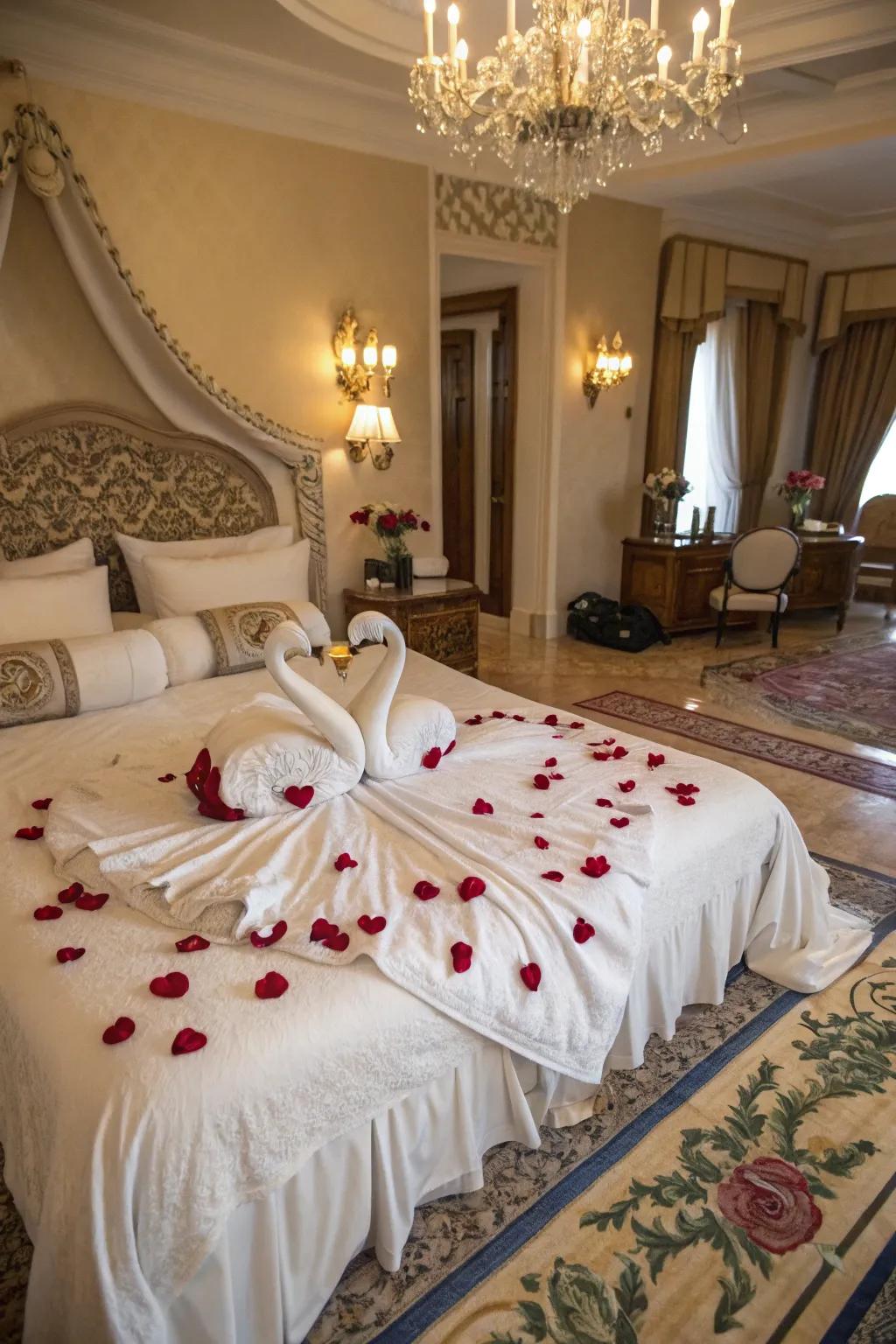 Sophisticated towel creations complemented by rose petals for a hint of luxury.