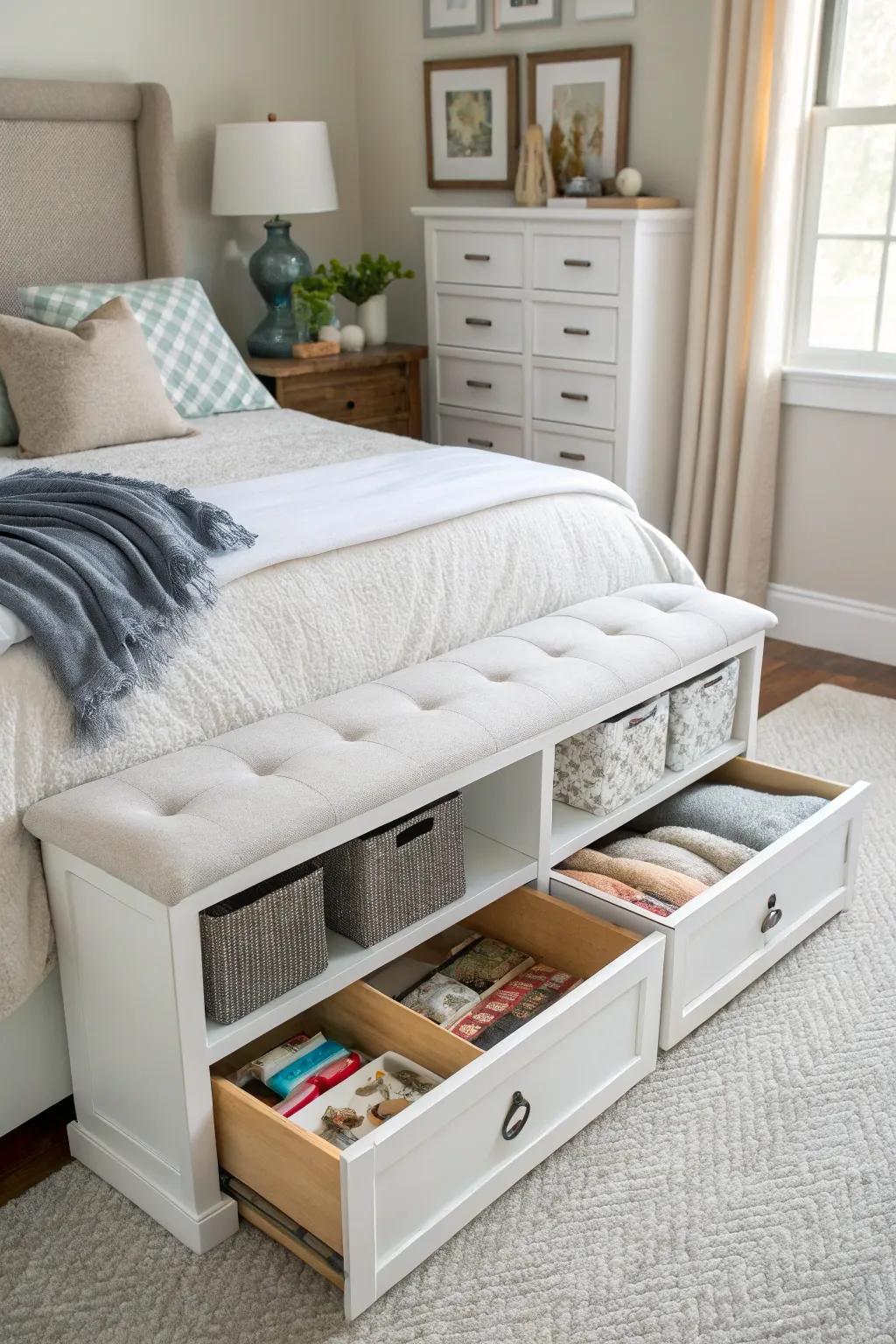 A storage bench assists in maintaining your bedroom’s organization and tidiness.