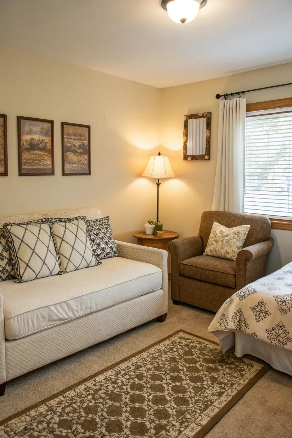 A small sleeping quarters is enhanced by a comfortable small couch, great for unwinding.