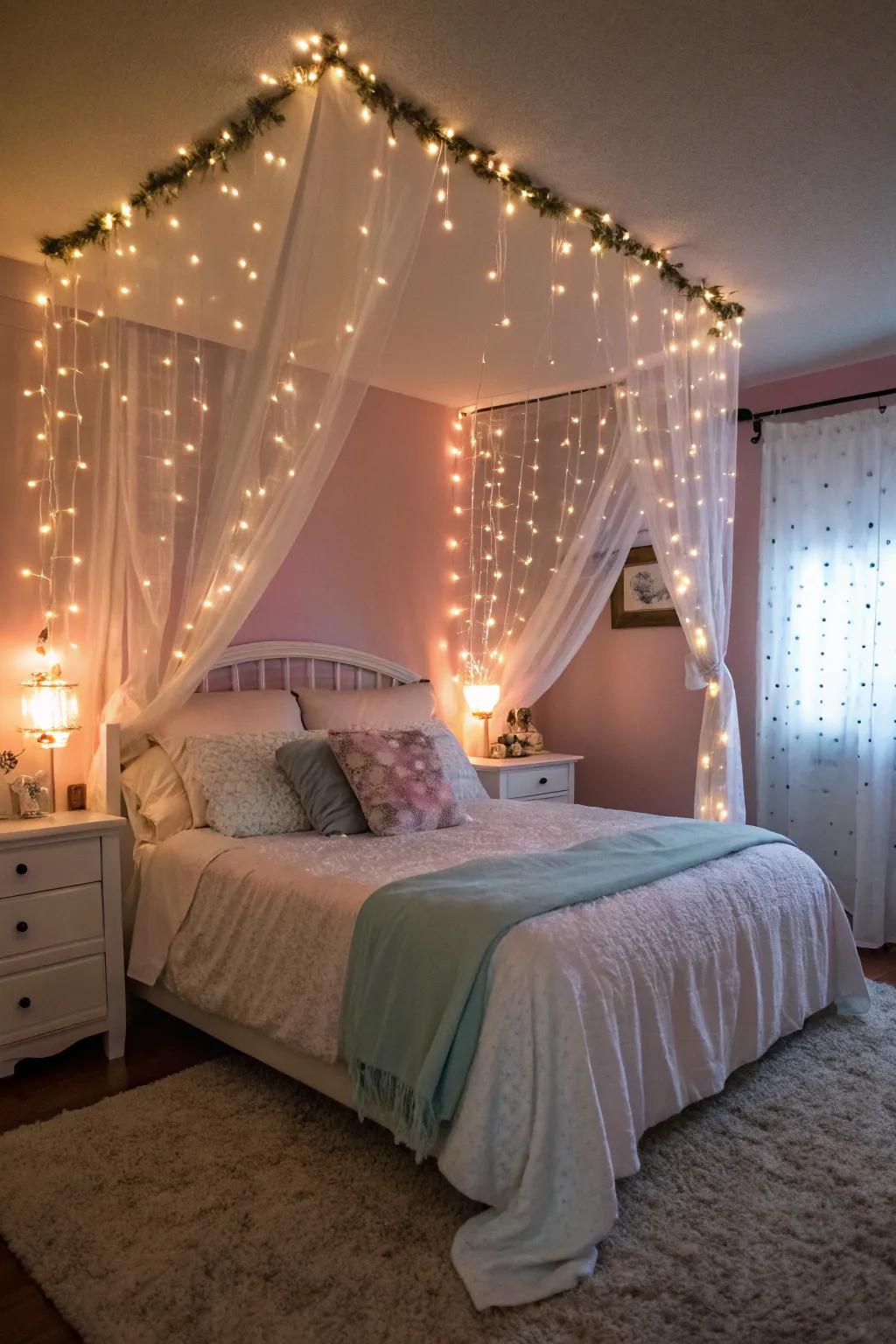 Sparkle lights bring a warm and magical vibe to this inviting bedroom.