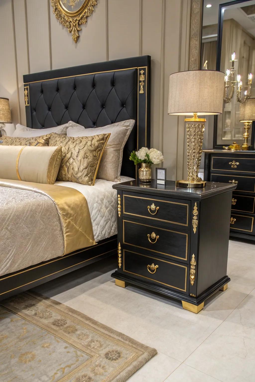 Gleaming gold accents lend a luxurious dimension to a bedroom furnished with black furniture.