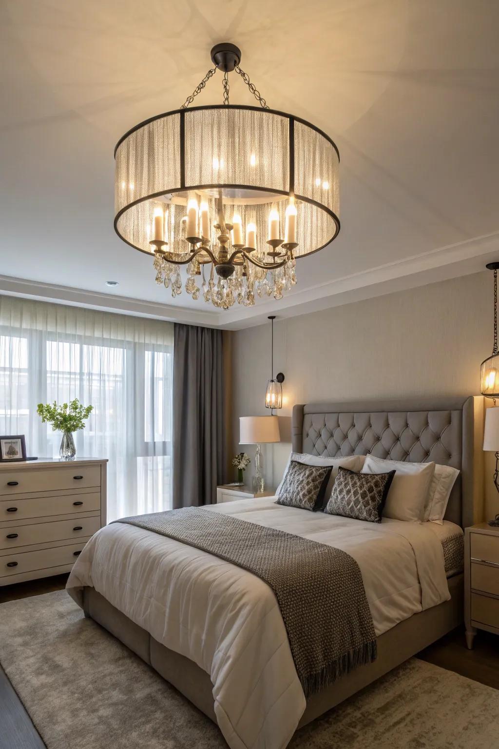 A bedroom enhanced by the sophisticated presence of a statement lighting piece.