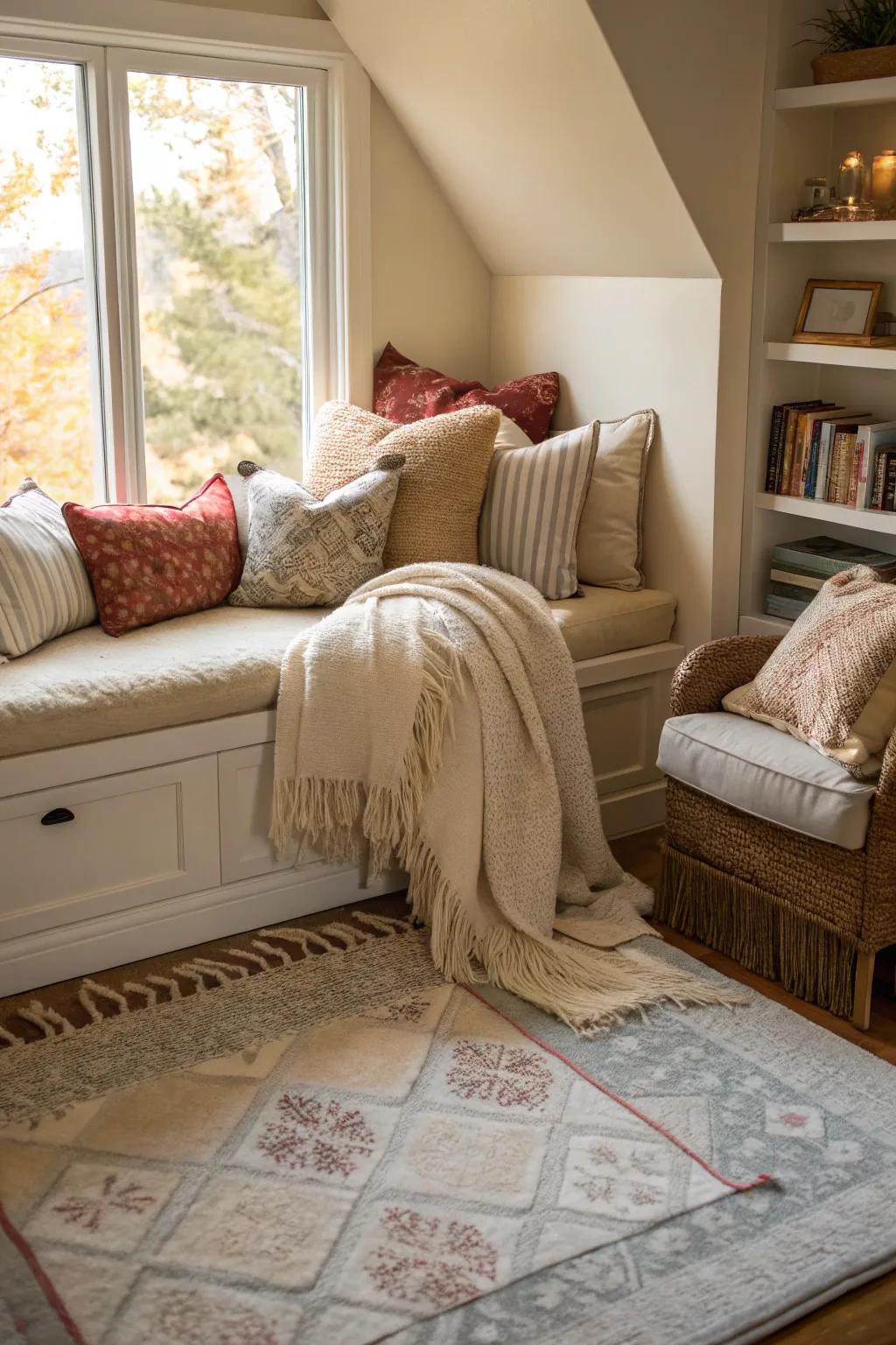 A comforting, textile-enriched bedroom nook complete with cushions, blankets, and a soft rug.