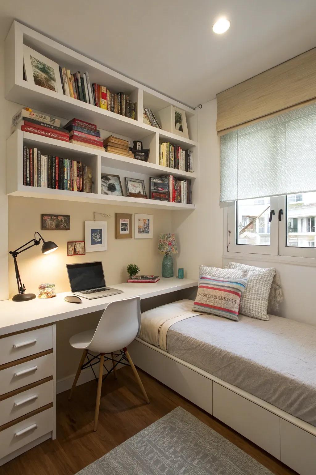 Corner shelves maximize space in your bedroom effectively.