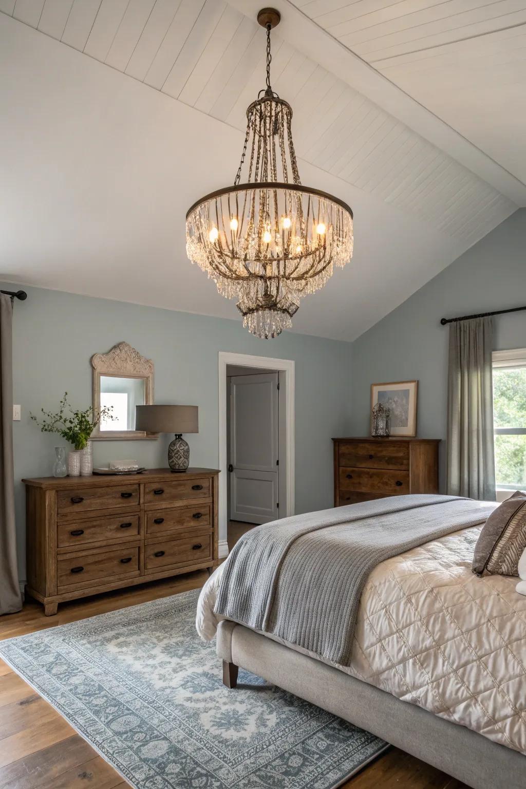 A unique chandelier makes a bold statement in this bedroom.
