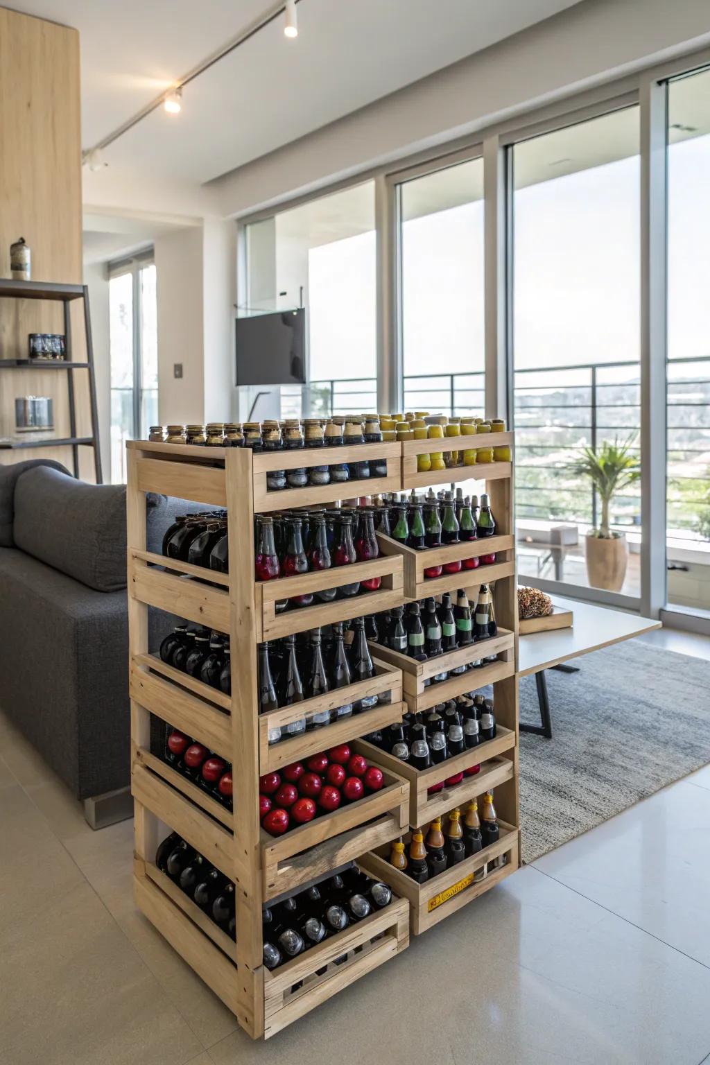 Piled bottle racks filled with brew bottles in a modern apartment setting.