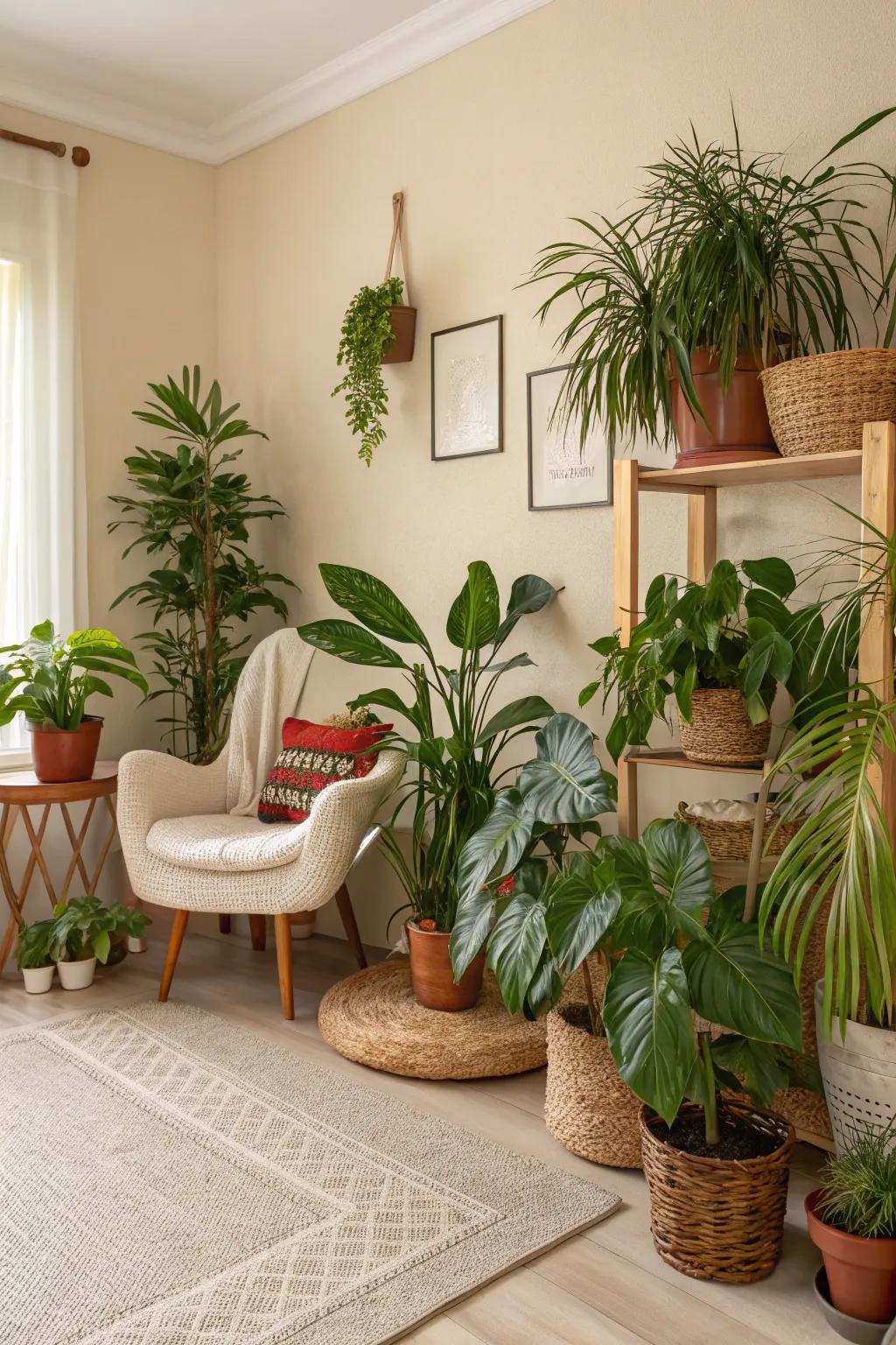 Botanical elements add a vibrant and natural sensation to this beige room.