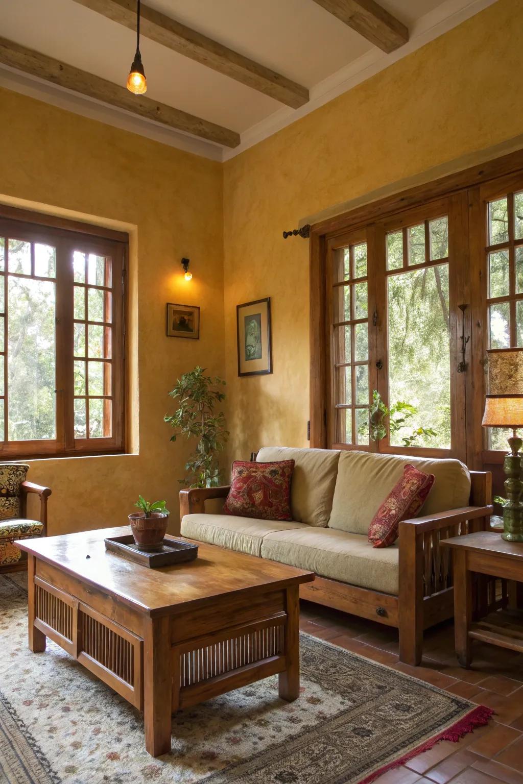 Walls painted warm ochre emanate comfort and heat.