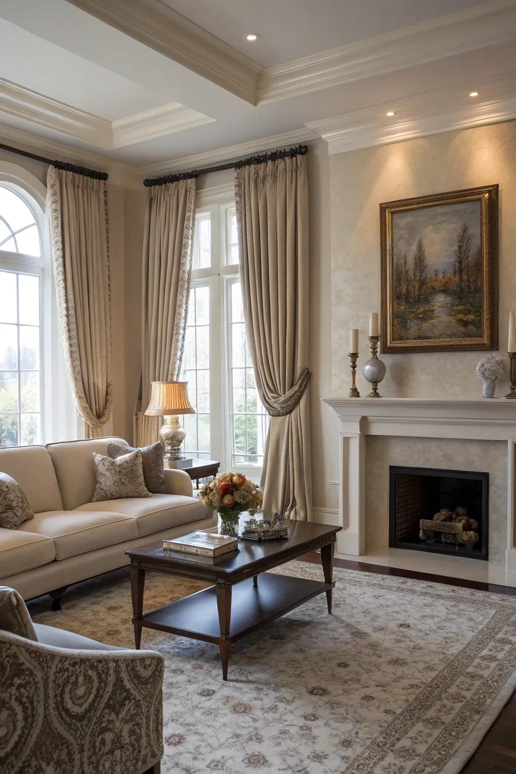 Floor-to-ceiling drapes provide a lavish and elongated impression.