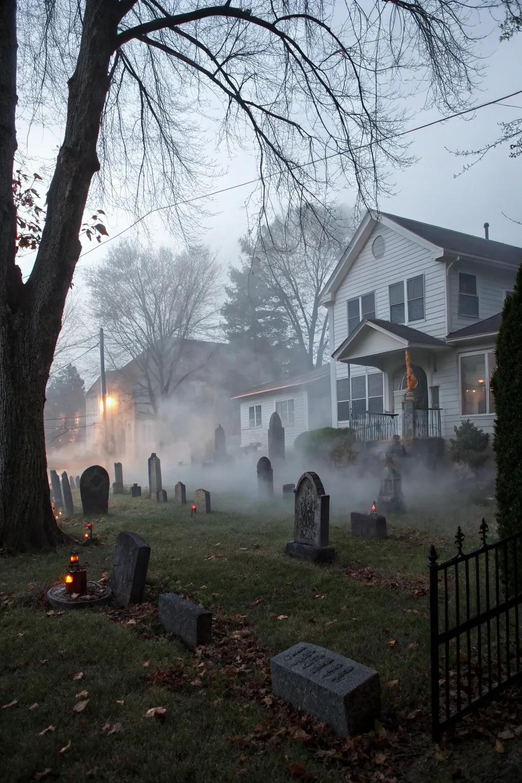 A fog-laden graveyard sets the scene for Halloween thrills.