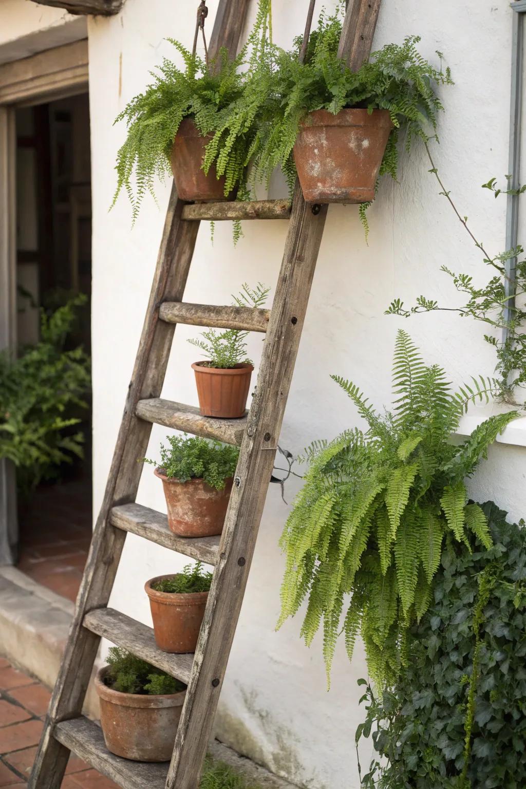 Earthy charm with a ladder plant display.