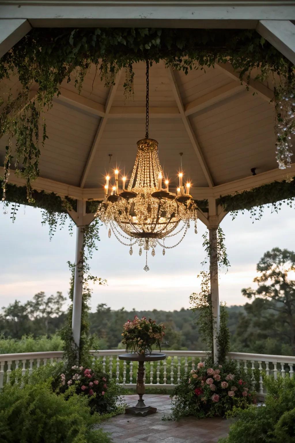 A solar chandelier infuses a hint of sophistication into any gazebo arrangement.