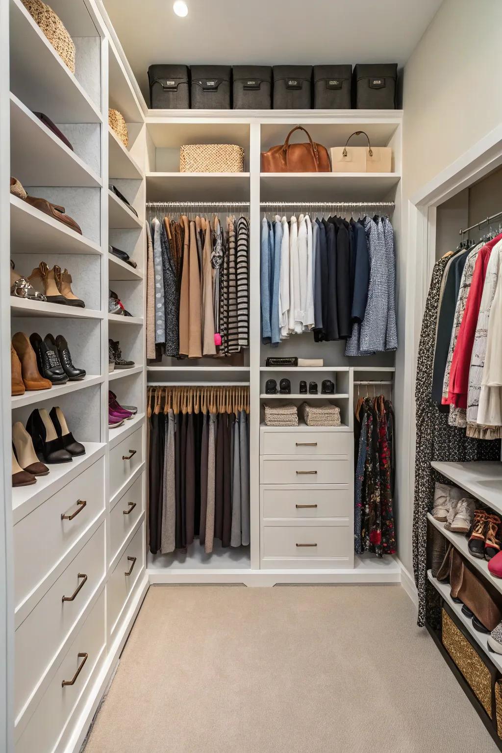 A closet equipped with floor-to-ceiling shelves filled with neatly arranged items.