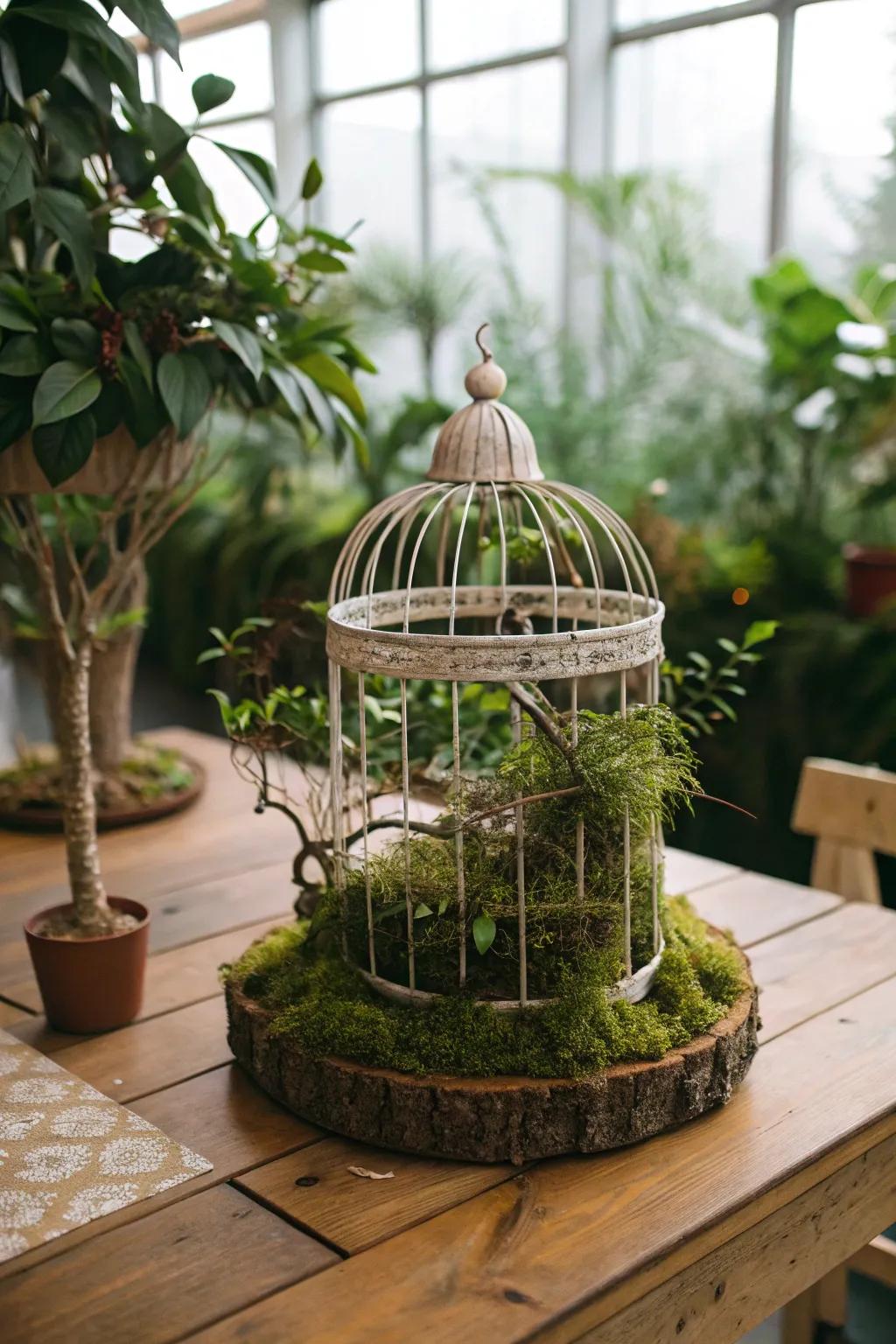 A <strong><em>bird enclosure</em></strong> centerpiece that incorporates natural elements for an earthy touch.” loading=”lazy” class=”pimg”>
	</picture><figcaption>A <strong><em>bird enclosure</em></strong> centerpiece that incorporates natural elements for an earthy touch.</figcaption></figure>
<p>Incorporate <strong>natural components</strong> such as moss and small branches within the cage for an invigorating, earthy sensation. I find this an excellent method to bring a fragment of the outdoors inside.</p>
<h3>A few suggestions:</h3>
<ul class=
