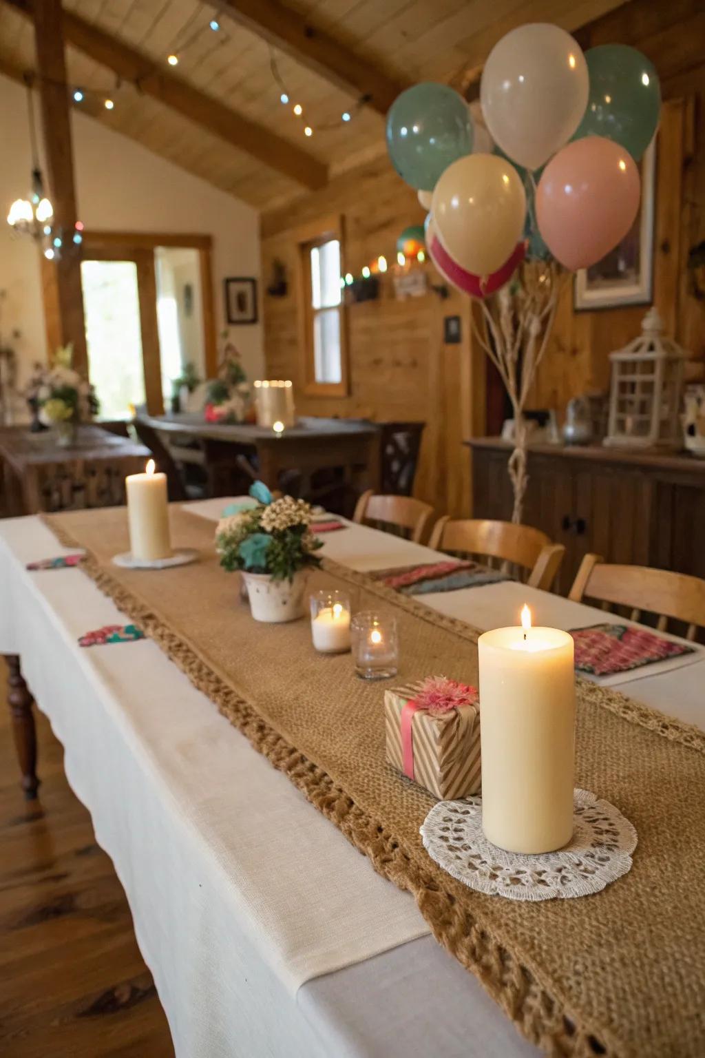 Hessian features inject a snug, countryside grace to the table.
