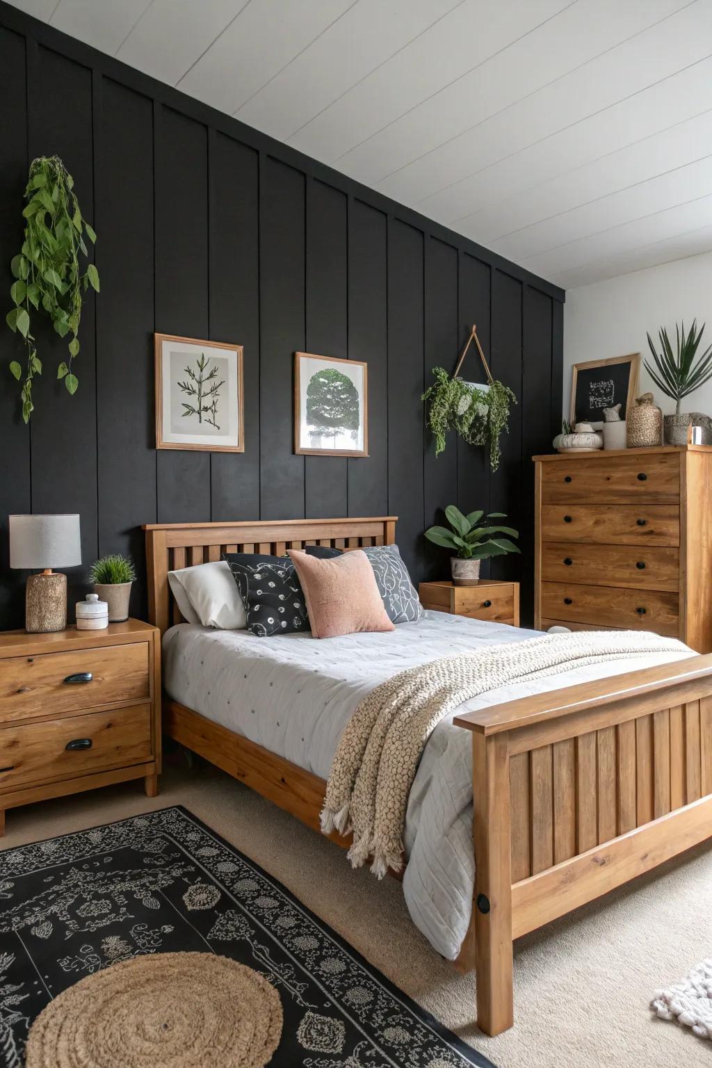 A harmonious blend of wood and black in a cozy bedroom setting.