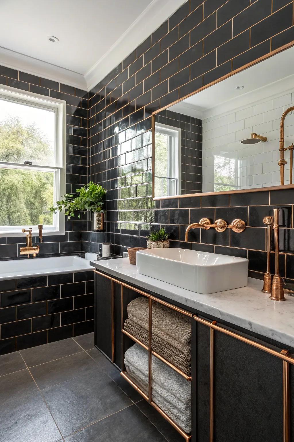 A combination of textures enriches the elegance of black and copper.