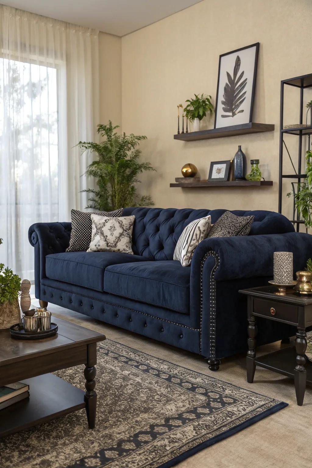 A plush deep blue settee functions as a luxurious focal point.