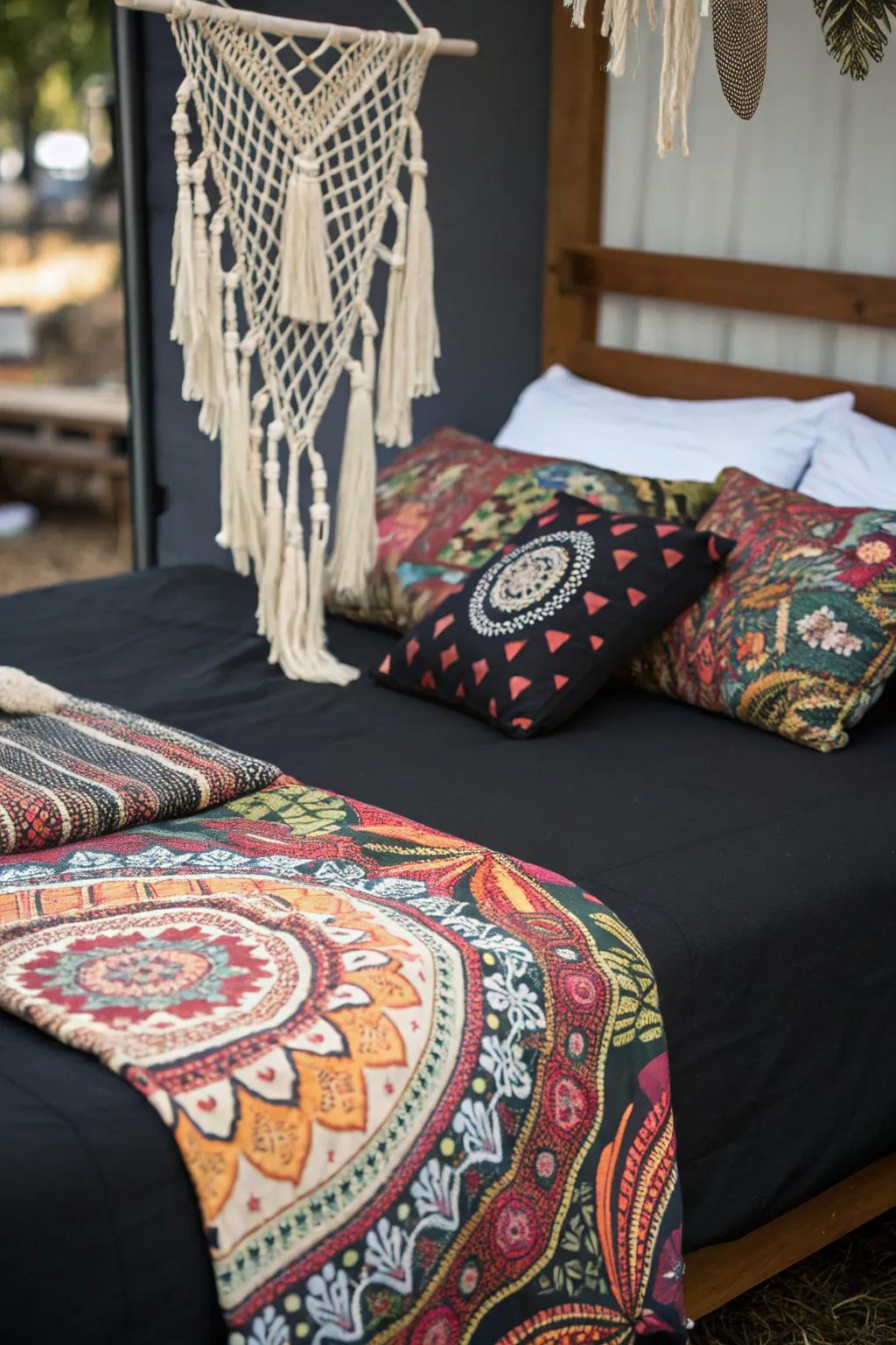 Integrating a bohemian touch with black bedding.