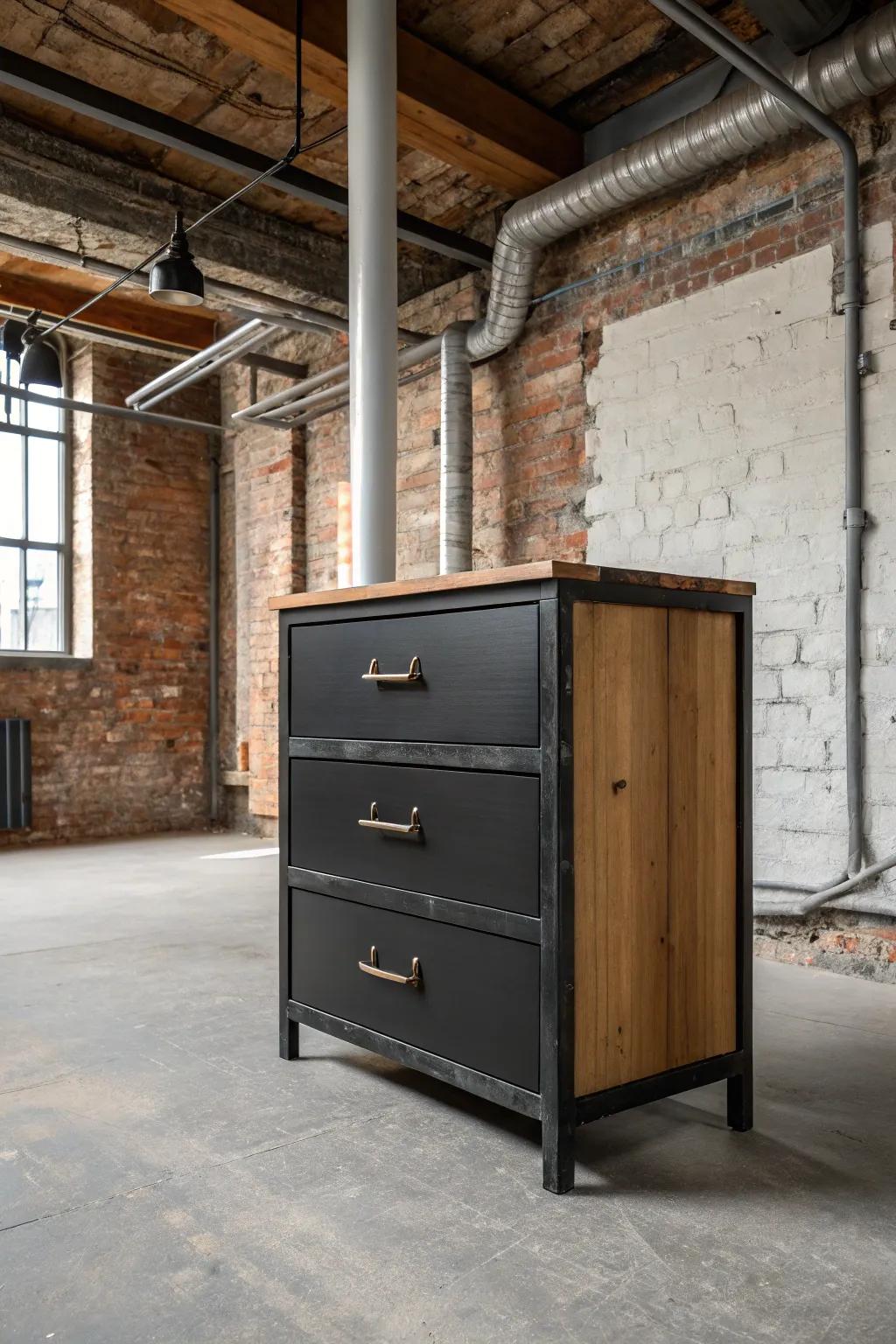 An ebony chest nestled in an urban-inspired setting with metal and wood features.