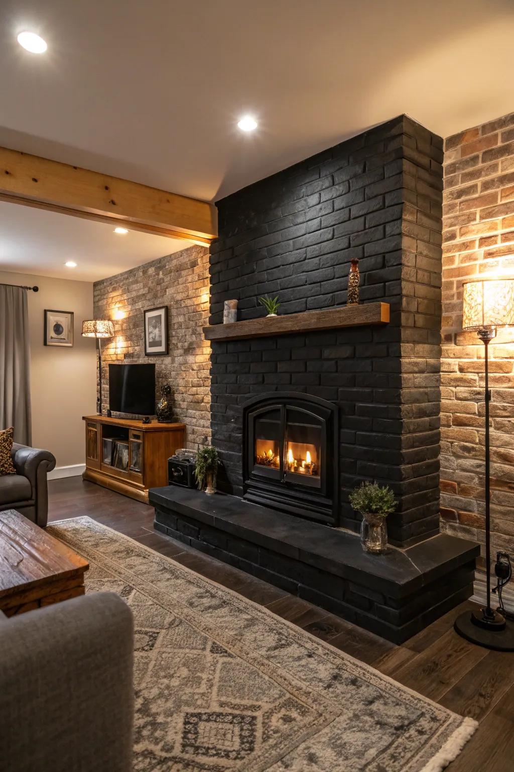 Infuse depth and texture into your space with a black brick fireplace.