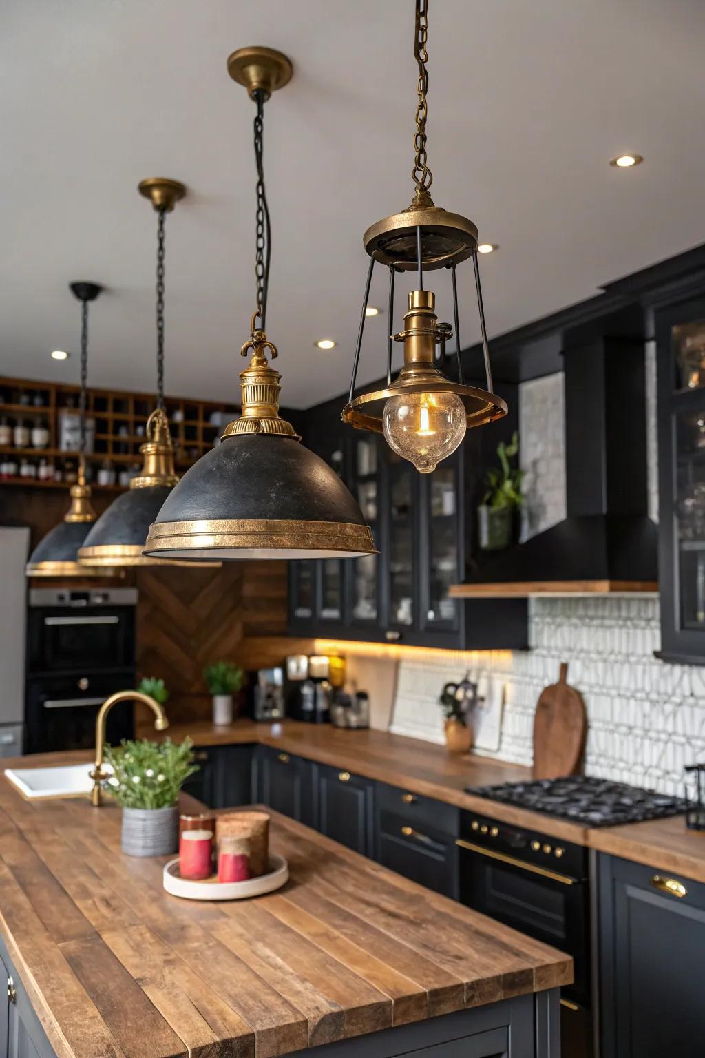 Uniting dark elements with timber and brass yields distinctive individuality.