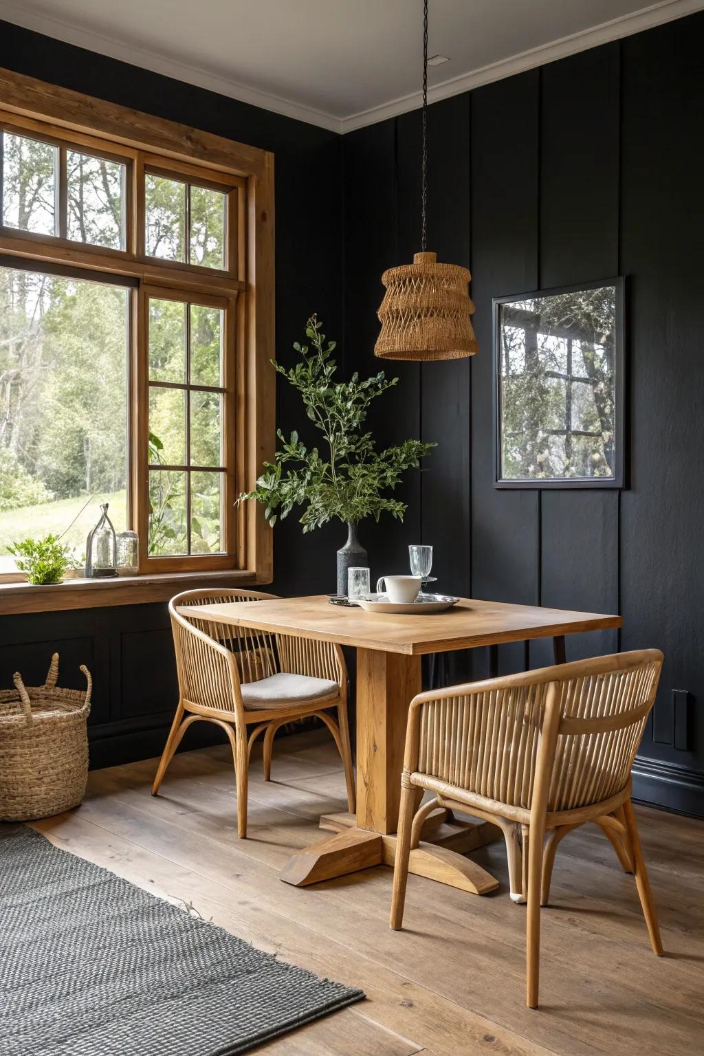 Natural wood furniture paired with a black wall.