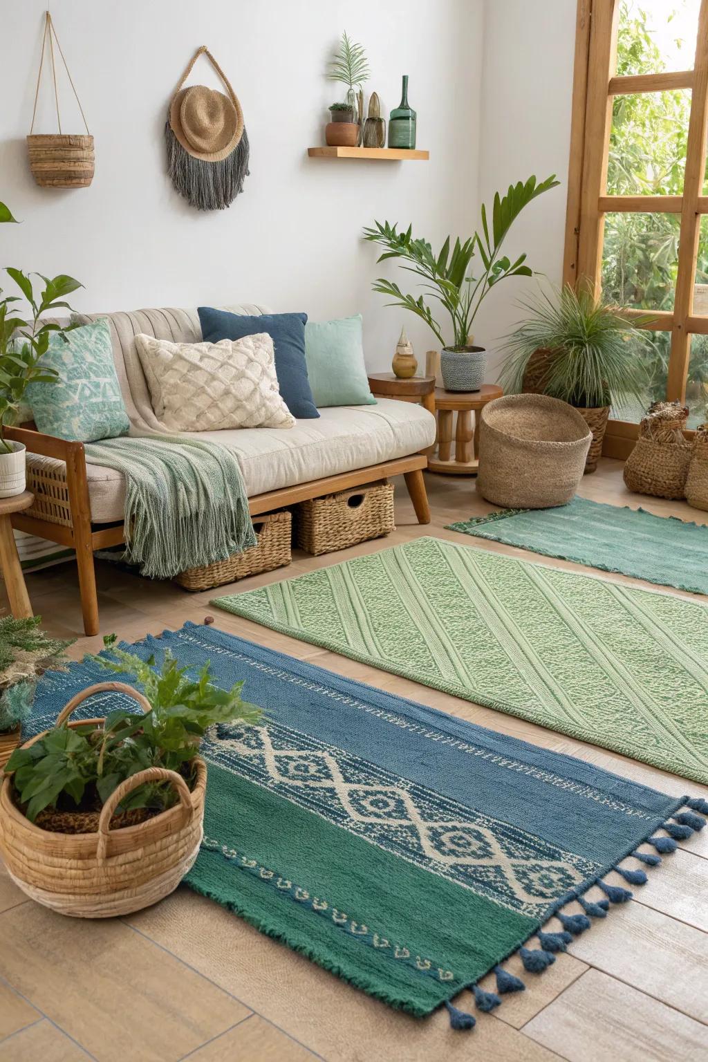 Layered rugs bring in warmth and texture into your living area.