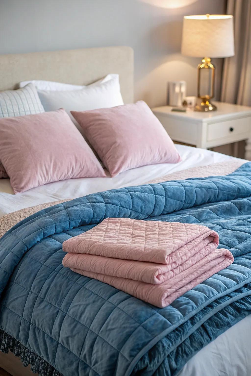 Bedding with varied textures in blue and pink enhances the bedroom's comfort and elegance.