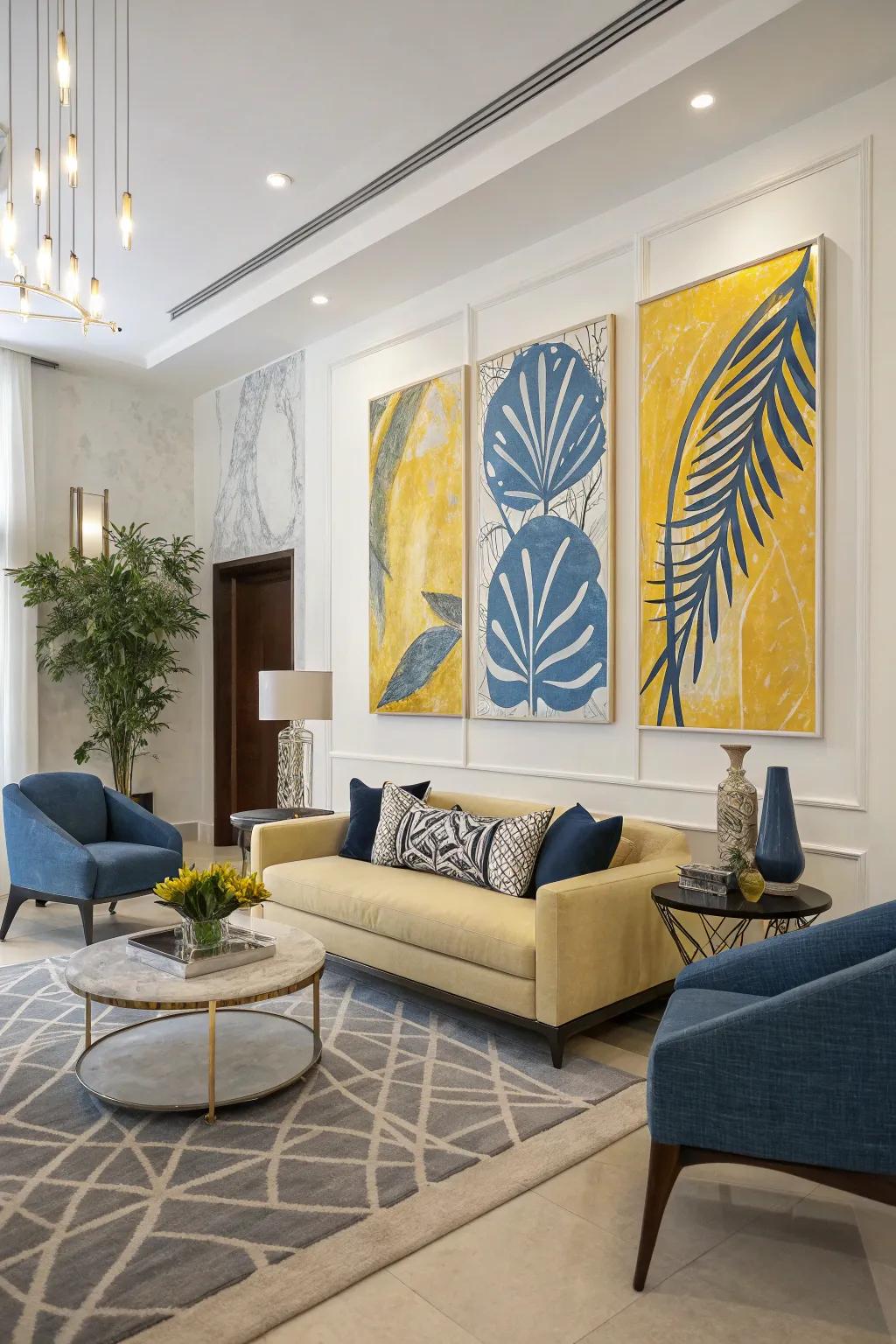 A living area enhanced by azure and gold abstract artwork, adding a sophisticated touch.