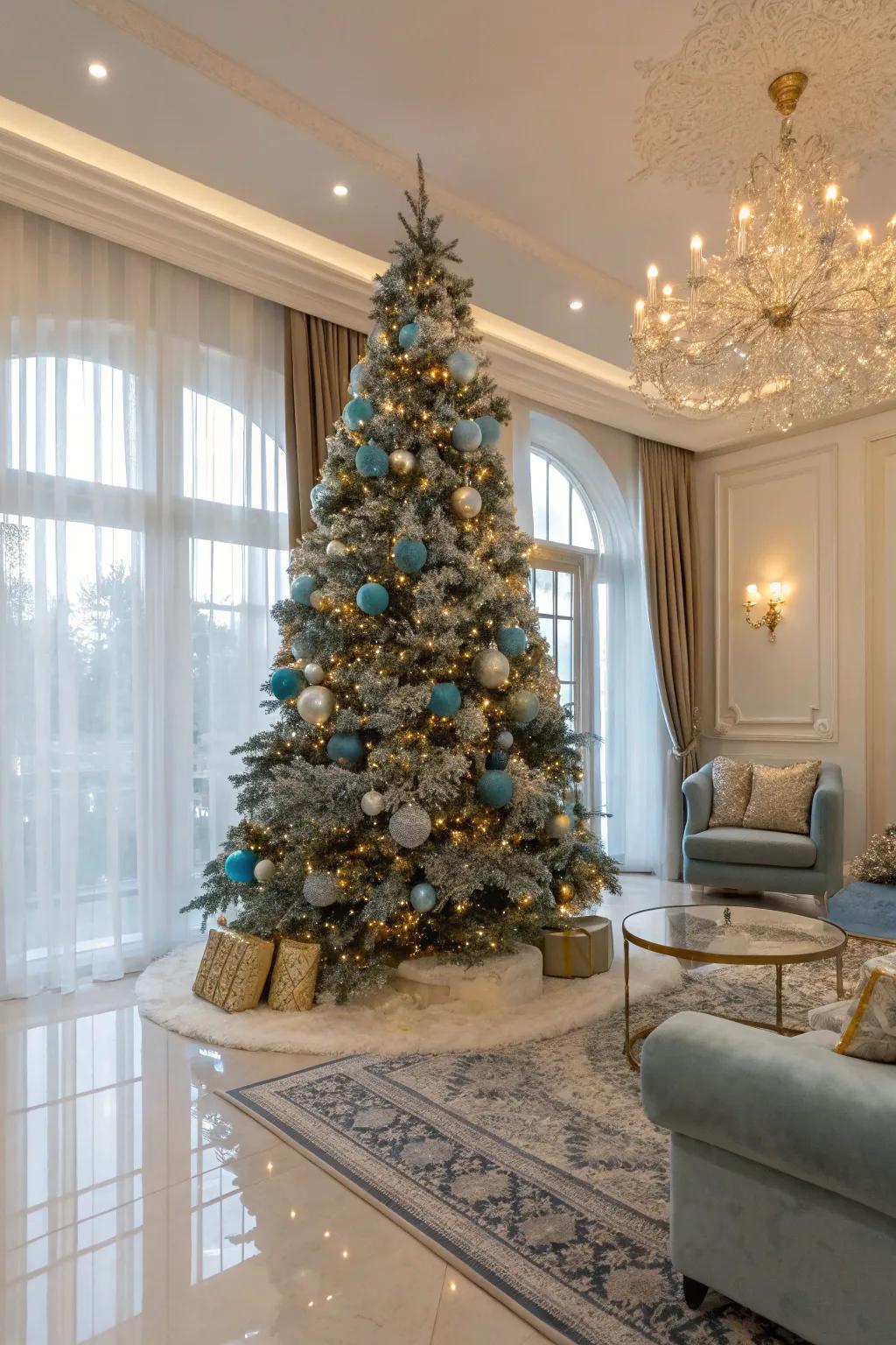 A luxurious fusion of icy blue and gold on a Christmas tree.