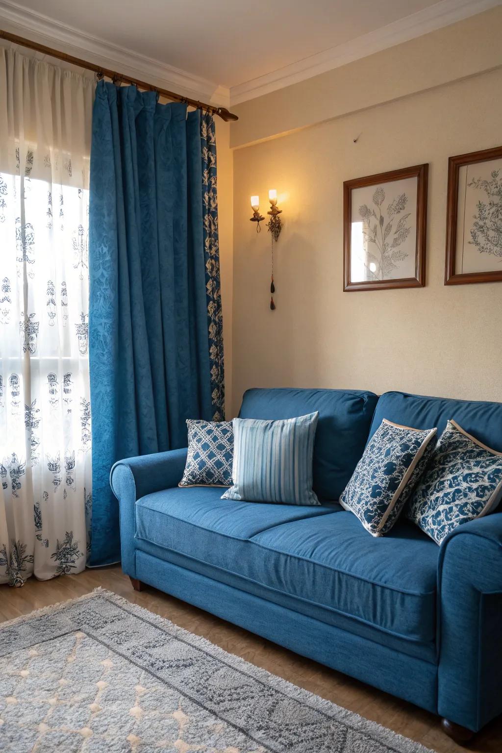 A monochromatic azure palette fashions a serene and unified space.