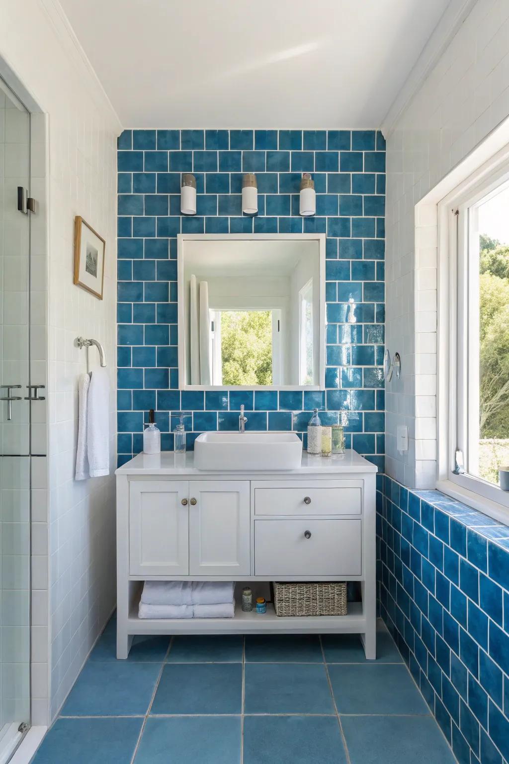 A striking azure feature wall can transform your bathroom into an arresting center point.