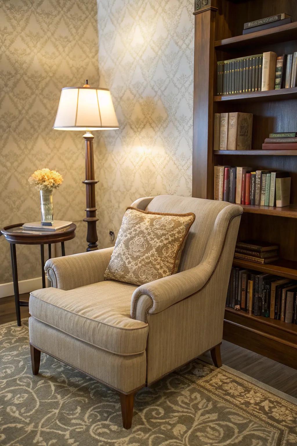 An inviting armchair corner, ideal for leisurely reading.
